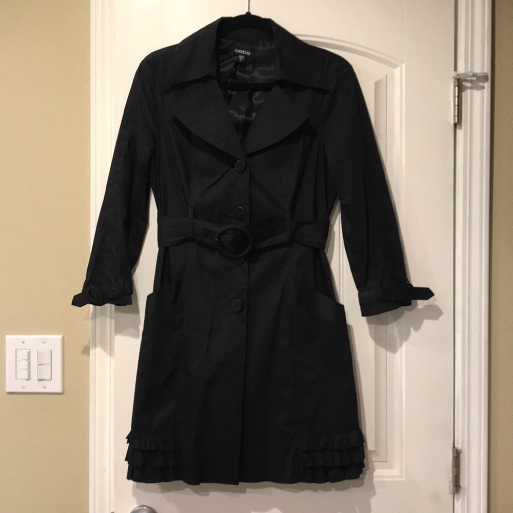 Black Bebe Trench Coat with Ruffles